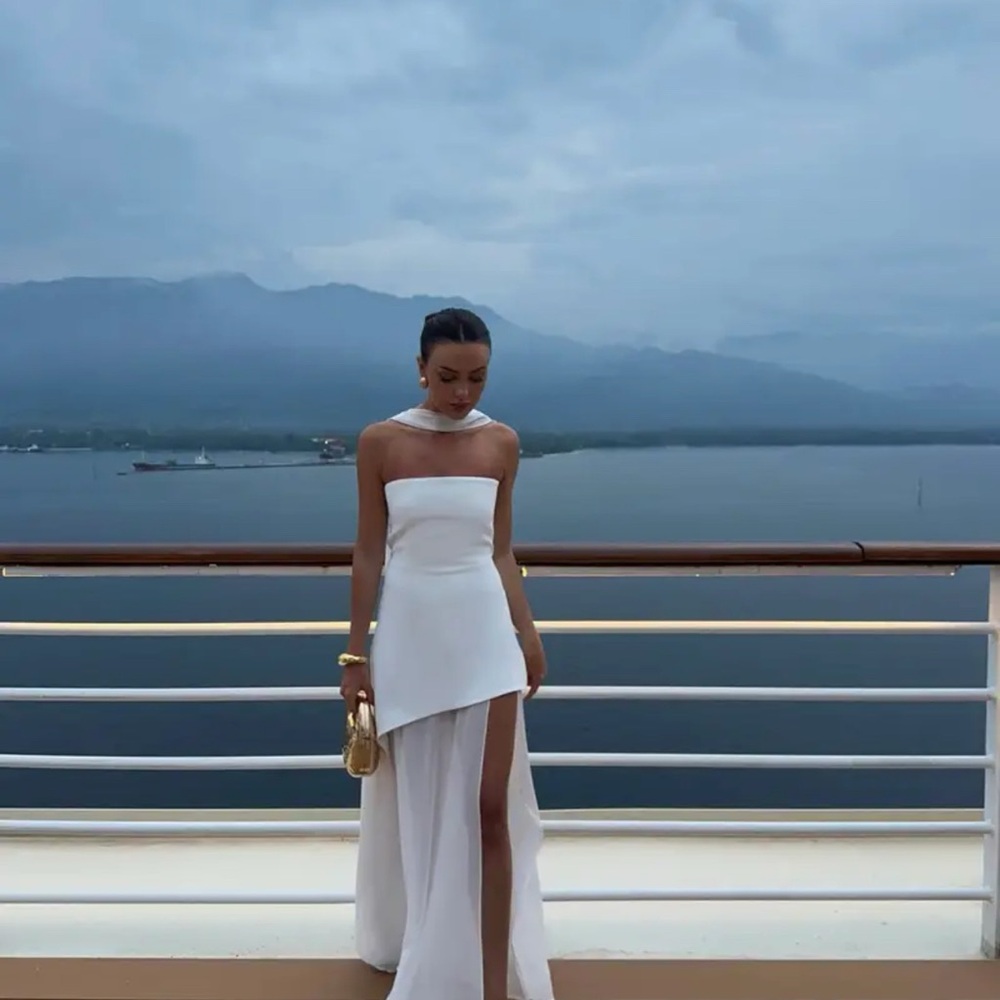 White Monaco Dress with Scarf Rehearsal Dinner/ Reception